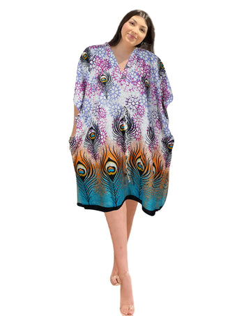 Women's Boho Cotton Kaftan Dress – Pink Peacock Print Midi Caftan  S/M/L
